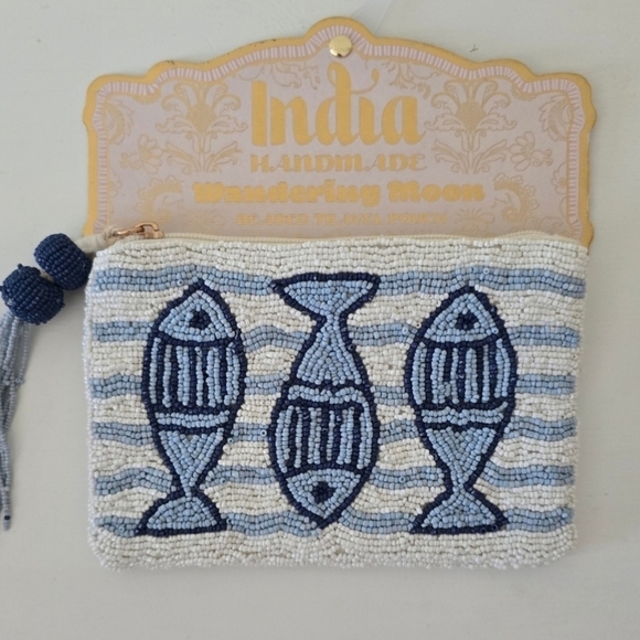 🔹️Beaded Sardine Fish Coin Purse Pouch Wandering Moon Handmade Made in India - Picture 1 of 7
